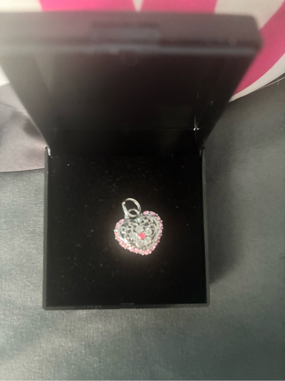 Silver Heart Pendant Necklace Charm with Pink Accents